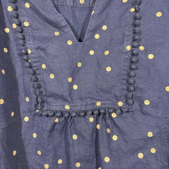 Boden 16R Evangeline Linen Tunic Shift Dress Navy Gold Polka Dot Pompom Trim - Picture 6 of 8